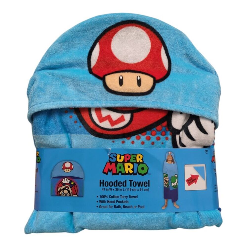 Franco Kids Character 100% Cotton Hooded Towel with Hand Pockets - Super Mario